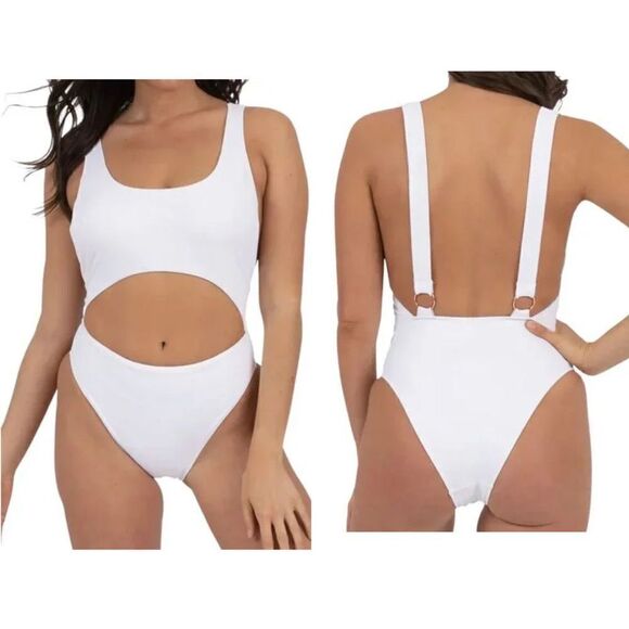NWT Rachel Roy XL White Cut Out Strap Back Cheeky One Piece Swimsuit - Picture 1 of 13